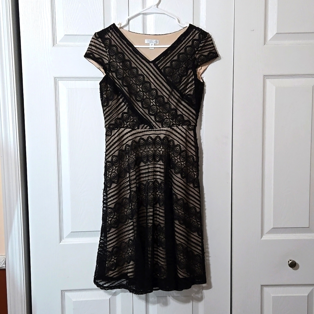 Black Lace Dress, Cap Sleeves, fully Lined Size 6p, Excellent Like New Condition